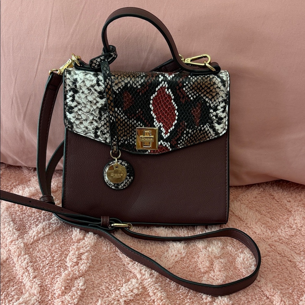 Dune London Burgundy Satchel with Snake-Print Flap - Picture 2 of 9